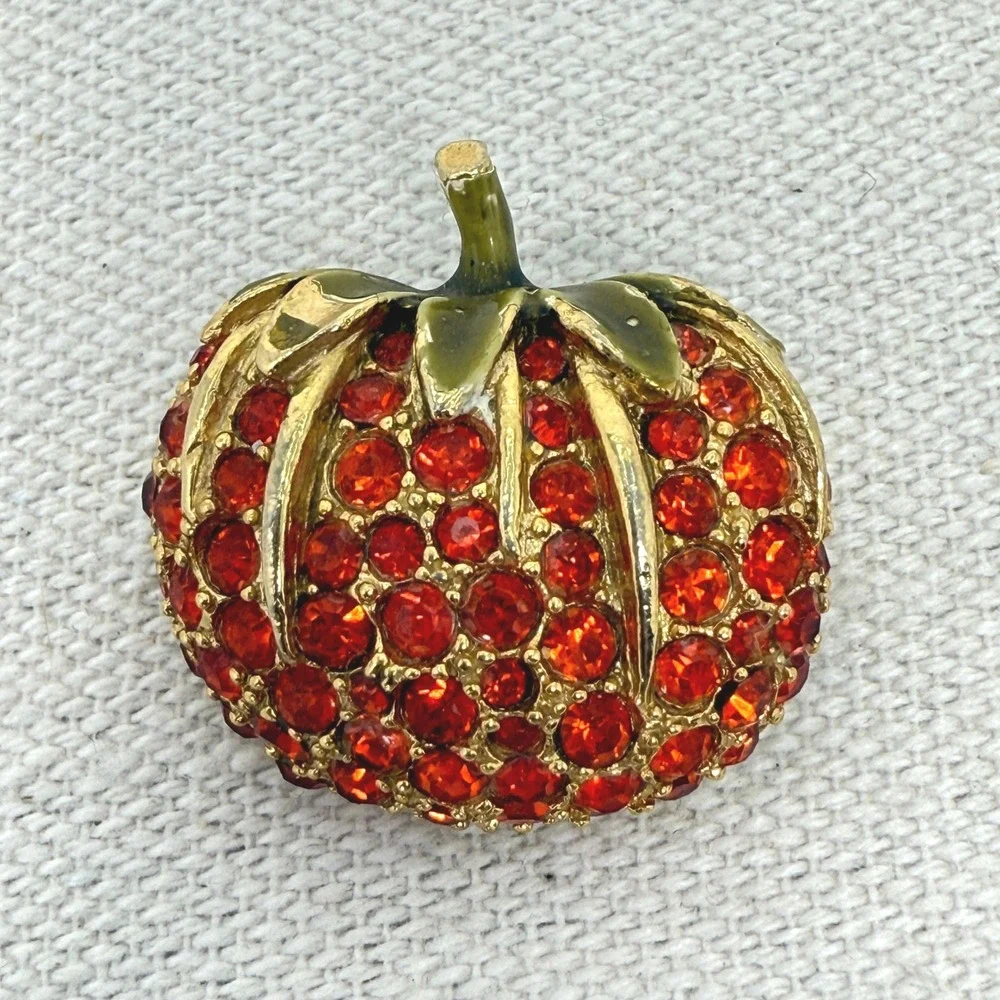Mode Art Vintage Pumpkin Brooch Orange Rhinestone Gold Tone Fall‎ Pin ART